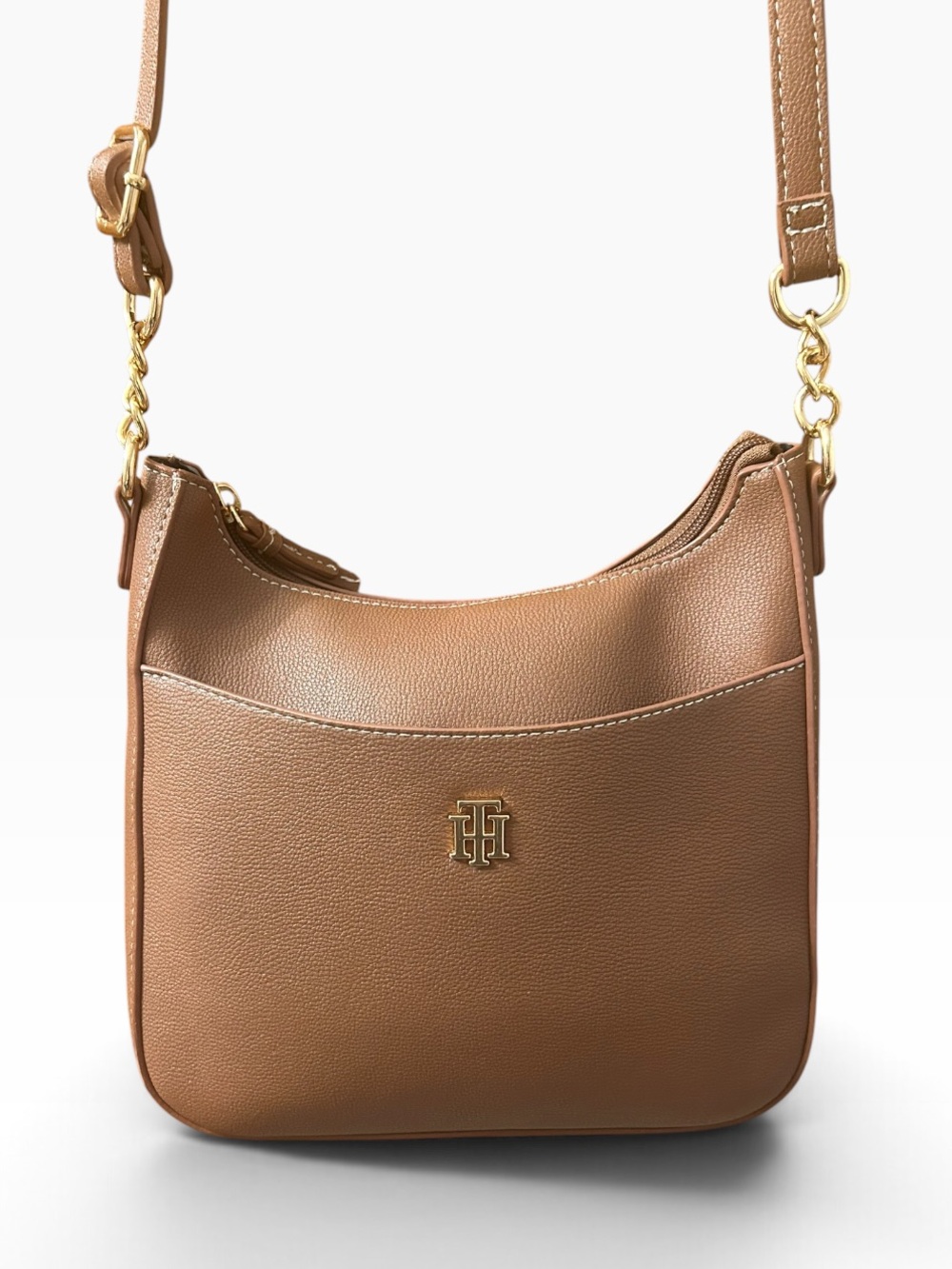 Tommy Hilfiger Brown Pebbled Leather Crossbody Bag with Gold Hardware